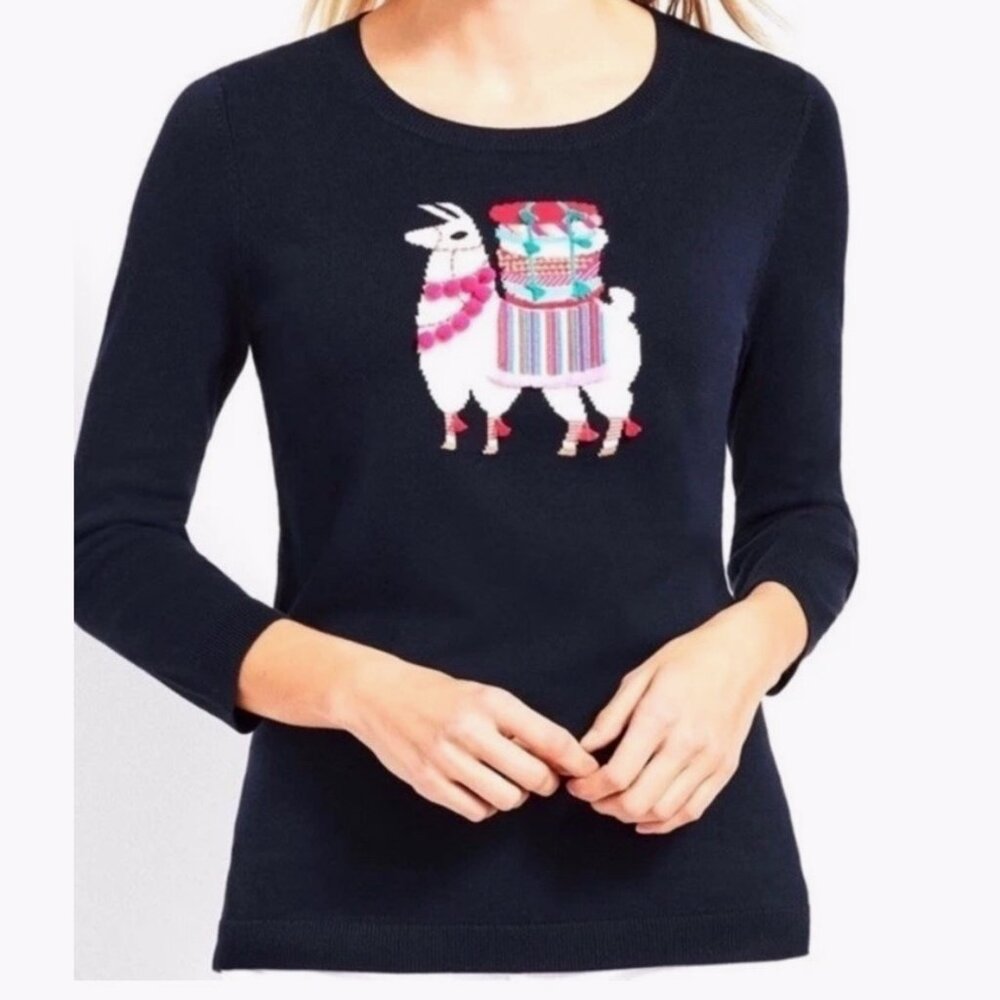Talbots Women’s Blue Llama Sweater 1X Crew Neck Pullover Knit Holiday Novelty